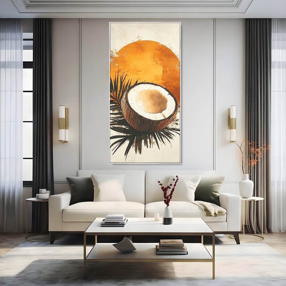Tablou canvas cu tablou canvas cu nuca de cocos si soare portocaliu, in rama de aluminiu argintiu, pe perete intr-un living